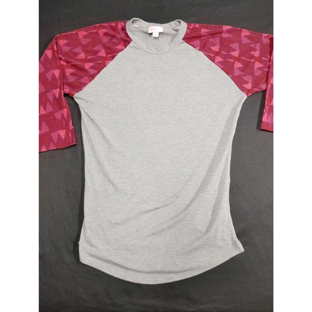 LuLaRoe Grey Crewneck Curved Hem Top With Raglan Red Patterned Sleeves